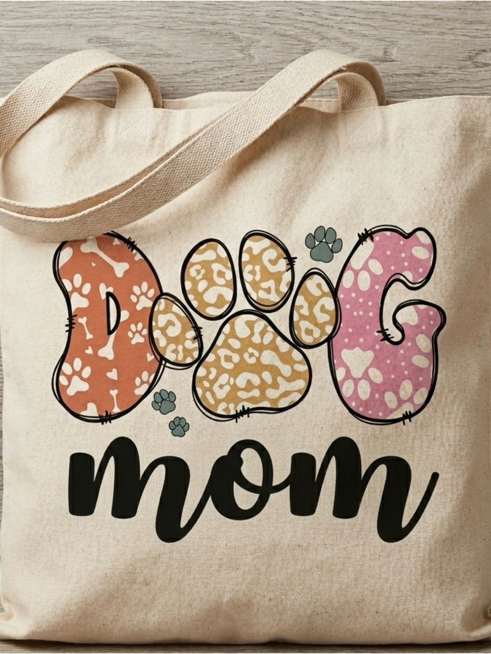 Dog Mom Tote Bag - Pink, Orange & Tan Paw Design